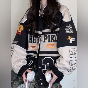 Graphic moto varsity jacket
